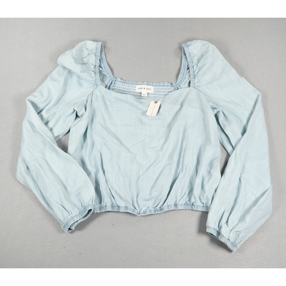 Cloth & Stone Womens XL Square Neck Smocked Back Puff Sleeve Tencel Blouse Blue